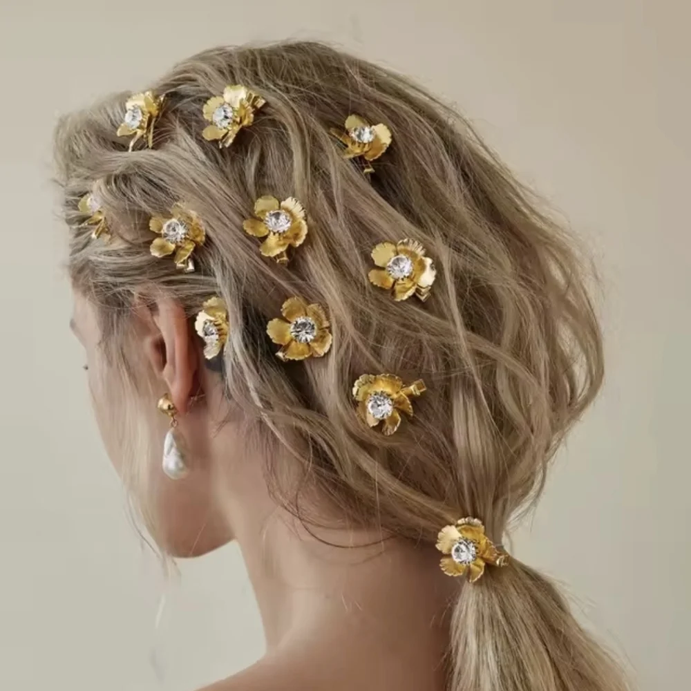 Gold Flower Hair Clips with Crystal Rhinestones • Set Of 4 • NWOT